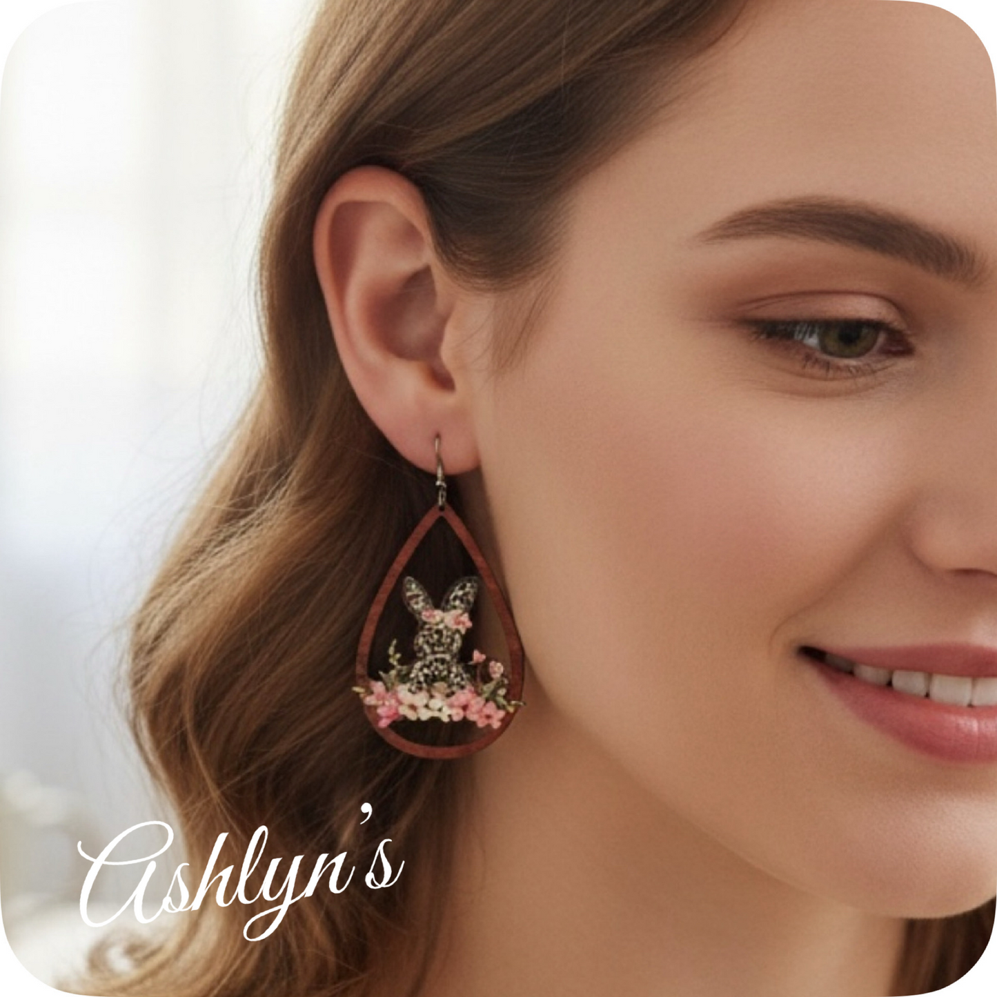 Spring Time Leopard Print Bunny with Floral Detail Wood Earrings