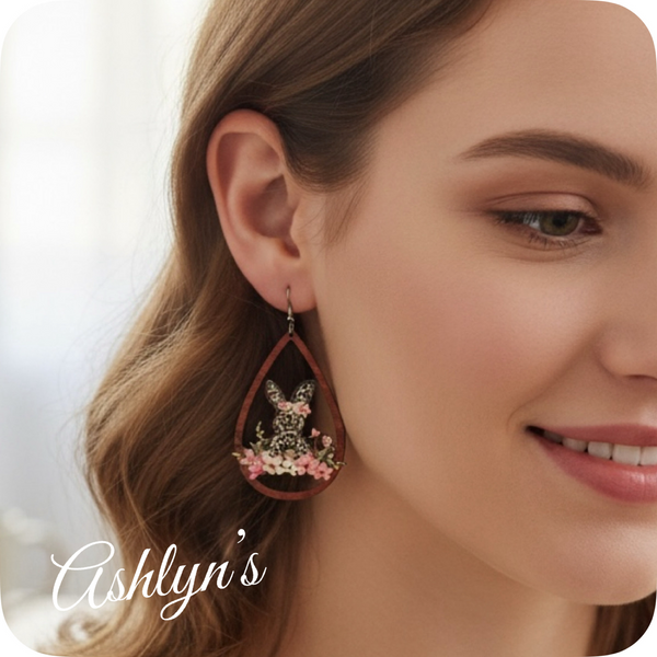 Spring Time Leopard Print Bunny with Floral Detail Wood Earrings