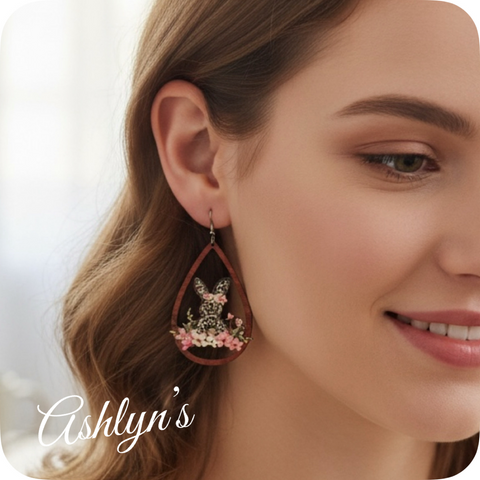 Spring Time Leopard Print Bunny with Floral Detail Wood Earrings