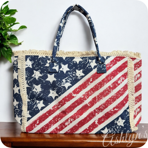 American Pride-XL Fringe USA Flag Tote Bag-Purse-Weekender Bag