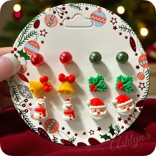 Adorable Set of 6 Christmas Theme Stud Earrings