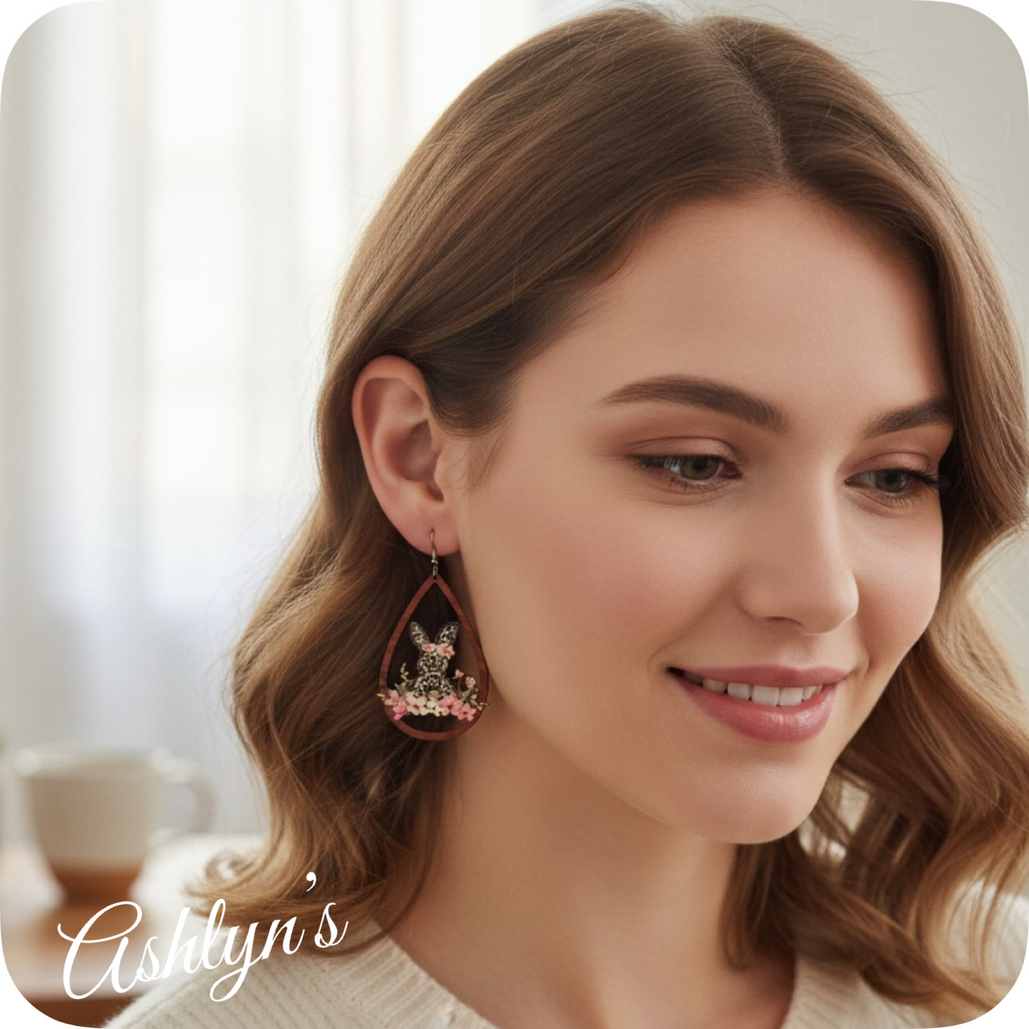Spring Time Leopard Print Bunny with Floral Detail Wood Earrings