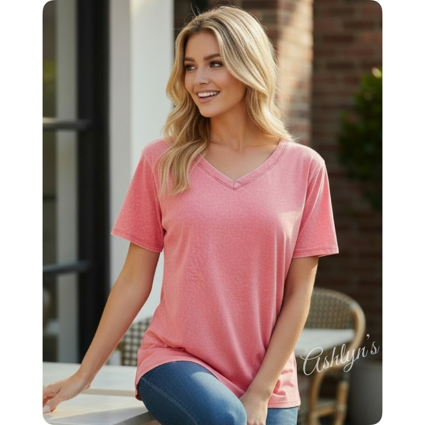 ZENANA Washed Classic V Neck Short Sleeve Tunic Top