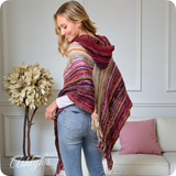 Casually Classy Multi Burgundy Pink Color Mix Hooded Knit Poncho-Sweater