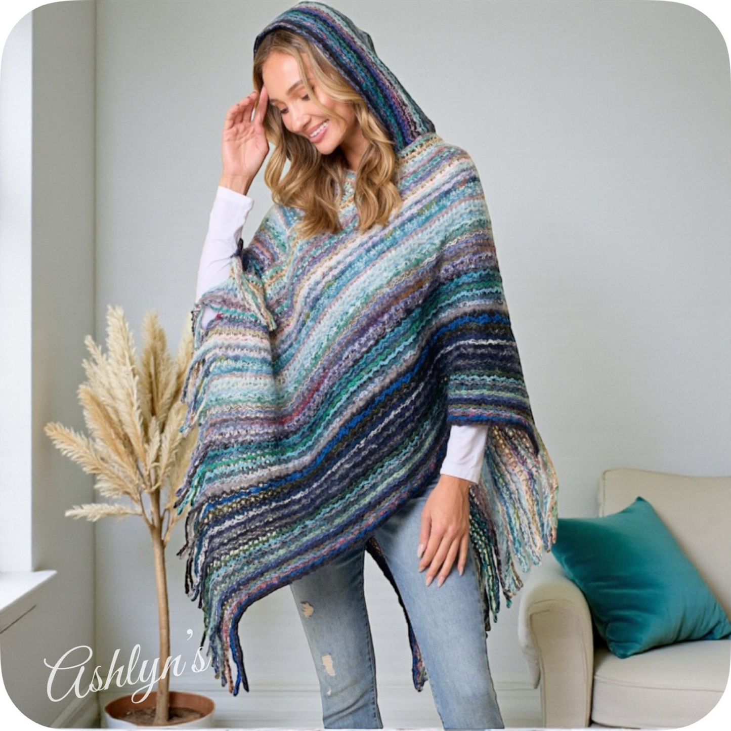Casually Classy Multi Blue Color Mix Hooded Knit Poncho-Sweater