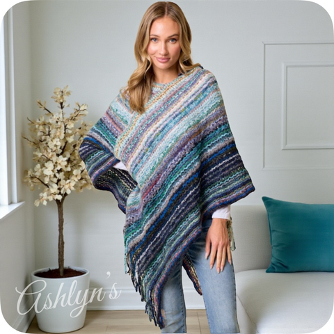 Casually Classy Multi Blue Color Mix Hooded Knit Poncho-Sweater