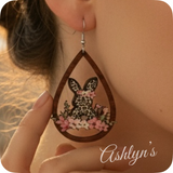 Spring Time Leopard Print Bunny with Floral Detail Wood Earrings