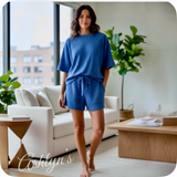 Zenana Casual Days Raised Rib Classic Blue Short Sleeve Top and Shorts Set-Loungewear