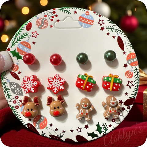 Adorable Set of 6 Christmas Theme Stud Earrings