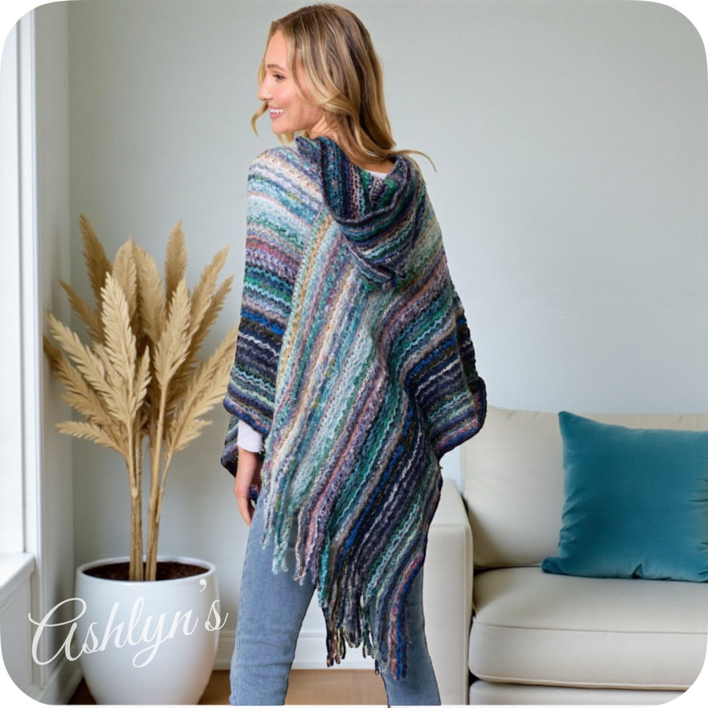 Casually Classy Multi Blue Color Mix Hooded Knit Poncho-Sweater