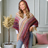 Casually Classy Multi Burgundy Pink Color Mix Hooded Knit Poncho-Sweater