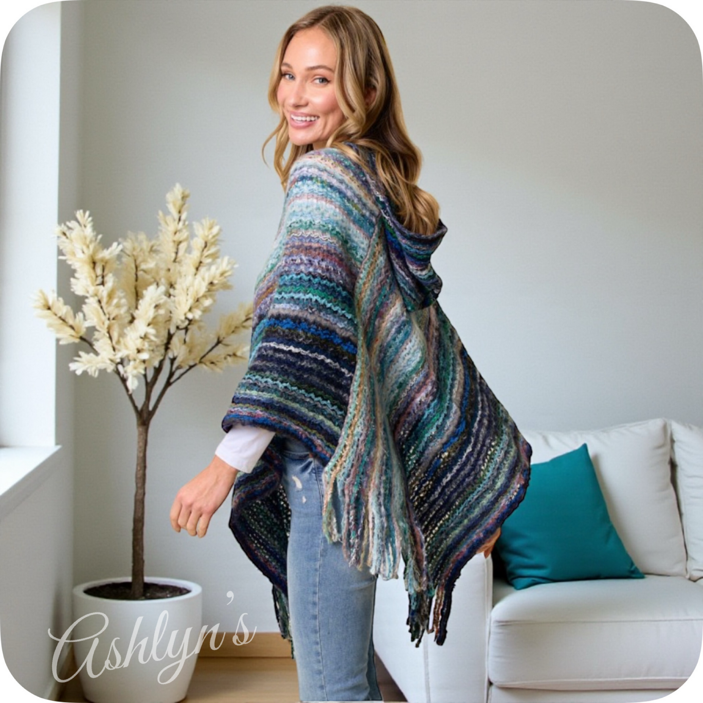 Casually Classy Multi Blue Color Mix Hooded Knit Poncho-Sweater