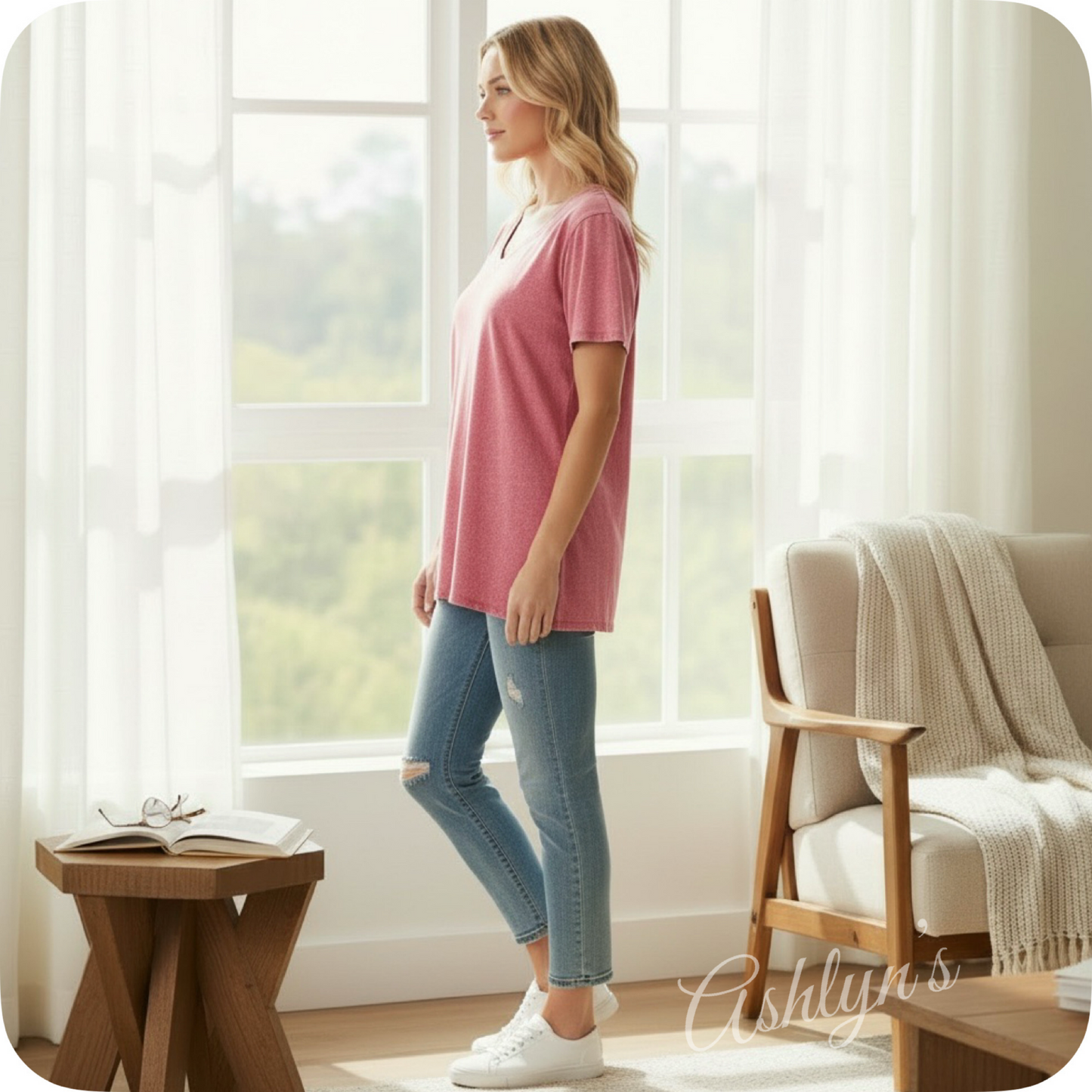 ZENANA Washed Classic V Neck Short Sleeve Tunic Top