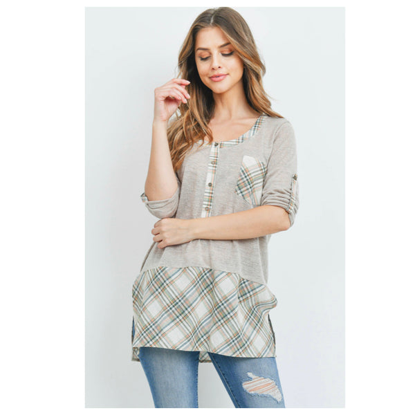 CLOSEOUT! Adorable Plaid Detail Taupe Top