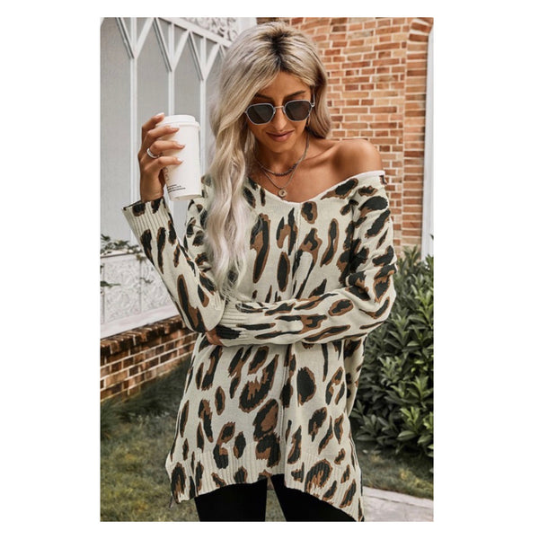 Special- Hello Beautiful! V Neck Long Sleeve Leopard Sweater Top