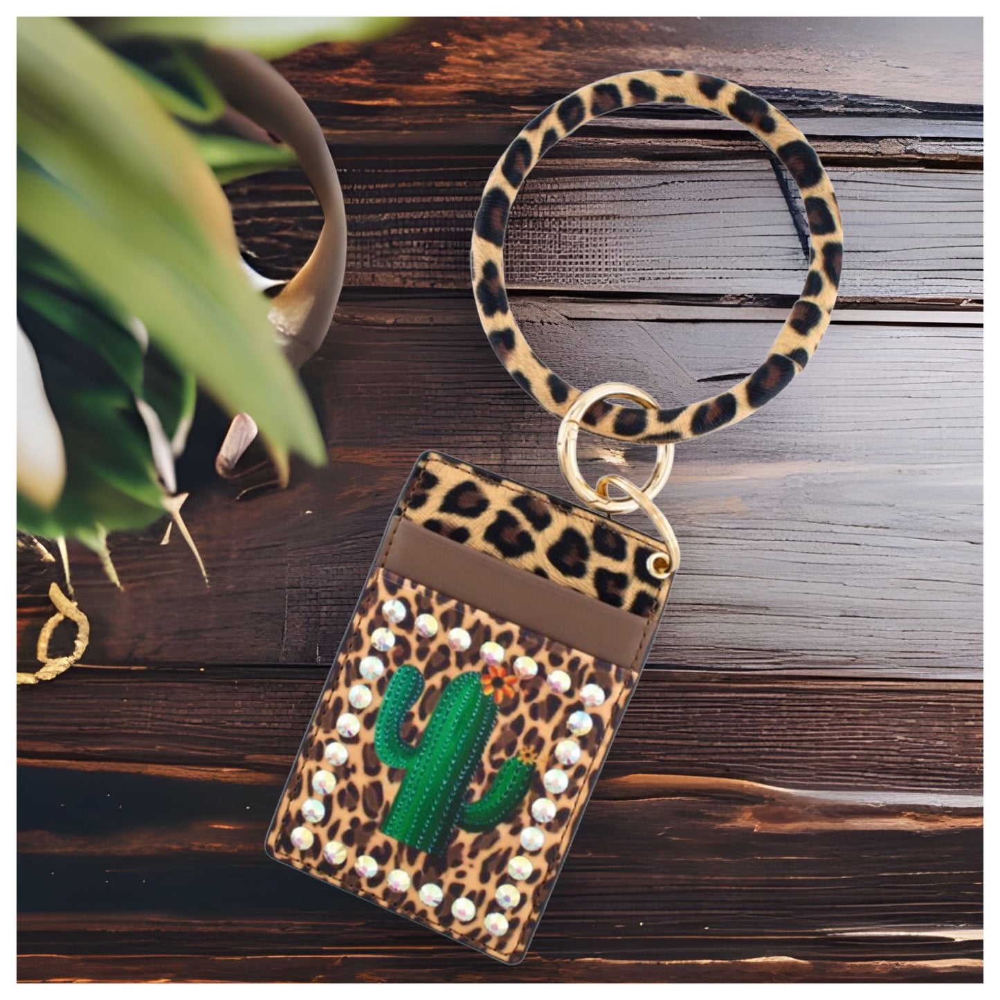 Rhinestone and Cactus Animal Print ID Card Key Chain Bracele-Wallet