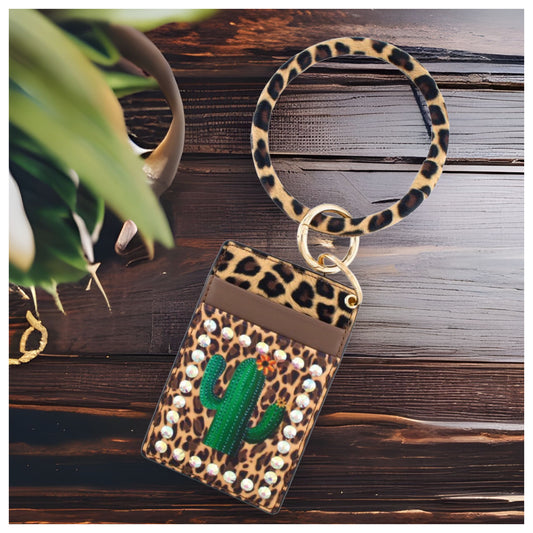 Rhinestone and Cactus Animal Print ID Card Key Chain Bracele-Wallet