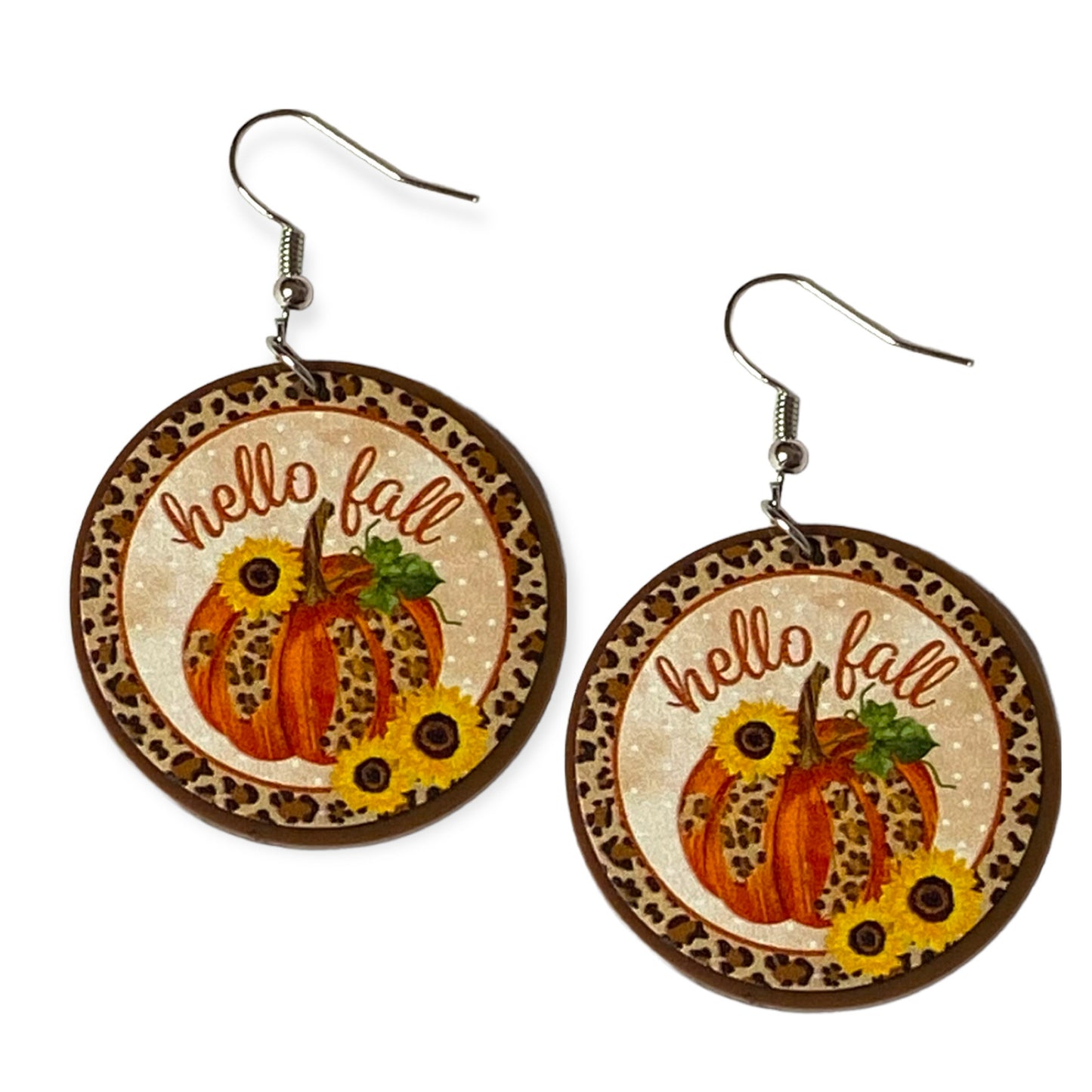 Hello Fall Disc Earrings with Leopard Trim-Pumpkin and Sunflowers
