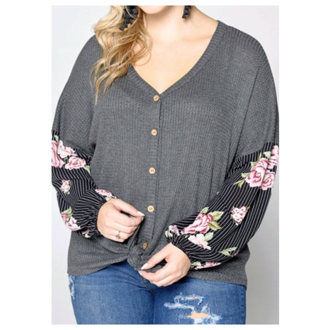 Ashlyn’s Adorable “Always More to Love” Charcoal with Floral Sleeves Top