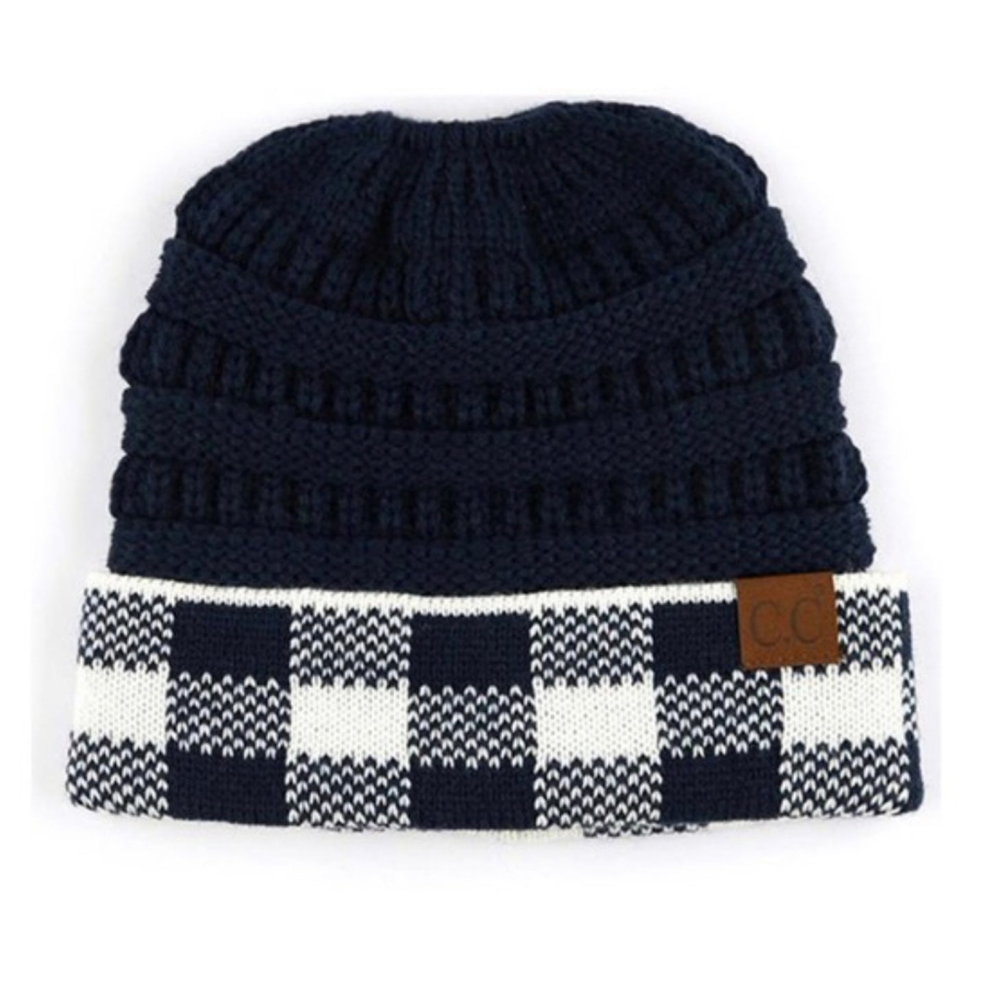 Cozy Buffalo Plaid CC Beanie Tail, Messy Bun