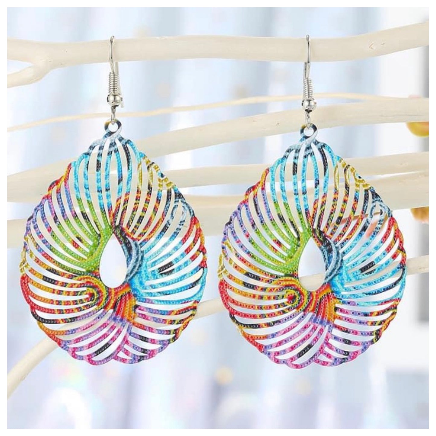 Eye Catching Metal Geo Rainbow Design Earrings!