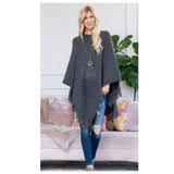 Classy and Sassy Fringe Trim Gray Knit Poncho-Shawl-Winter Outerwear