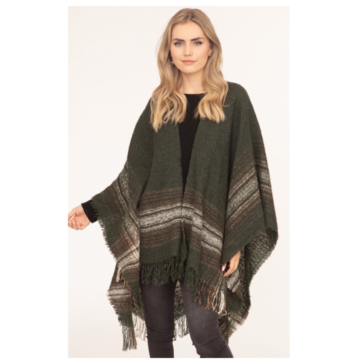 Crazy Cozy Multi Plaid Fringe Trim Olive Ruana Shawl