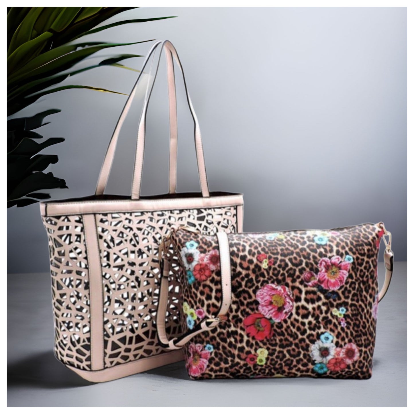 2 in 1:  Laser Cut Out Beige Leather Shopper and Leopard Cross Body Bag-Purse-Tote
