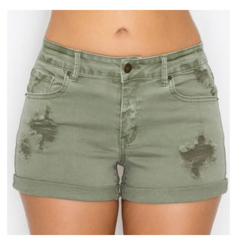 Cozy Destroyed Olive Cuffed 5 Pocket Shorts