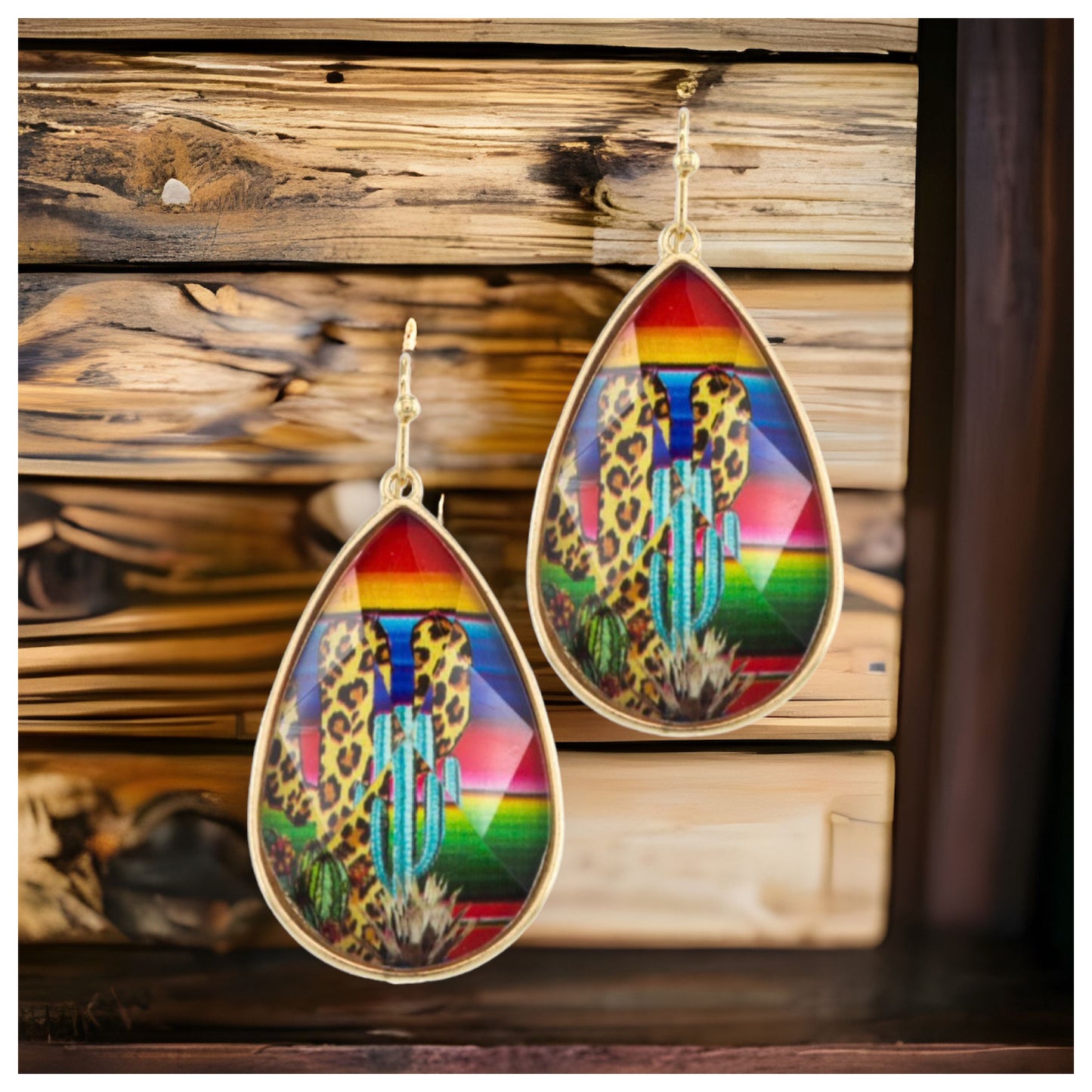 Vibrant Serape and Cactus Teardrop Earrings