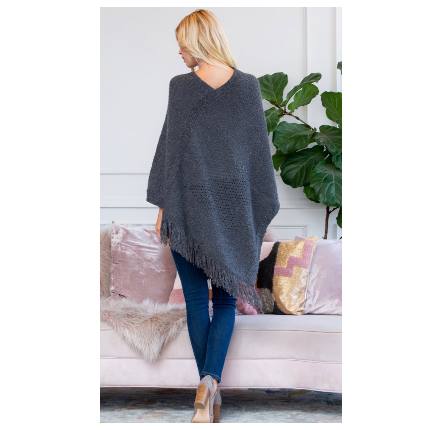 Classy and Sassy Fringe Trim Gray Knit Poncho-Shawl-Winter Outerwear