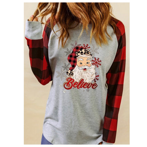 Off the Naughty List! Adorable “Believe” Santa Print Red Buffalo Plaid Top-Women’s