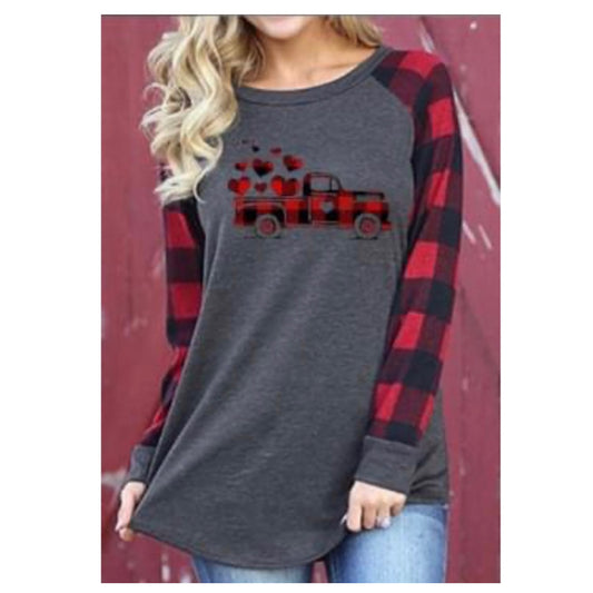 Be Mine~ Buffalo Plaid Truck Full of Hearts Raglan Top