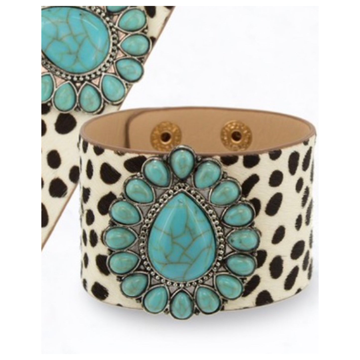 Turquoise Stone Leopard Leather Bracelet-Ivory