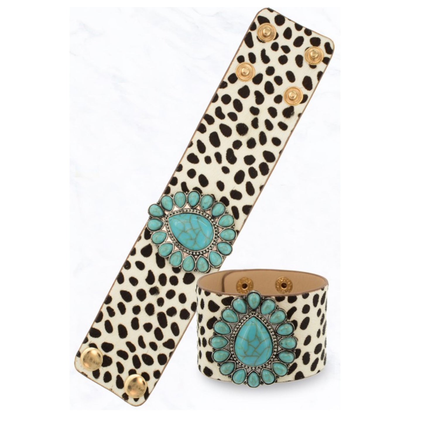 Turquoise Stone Leopard Leather Bracelet-Ivory
