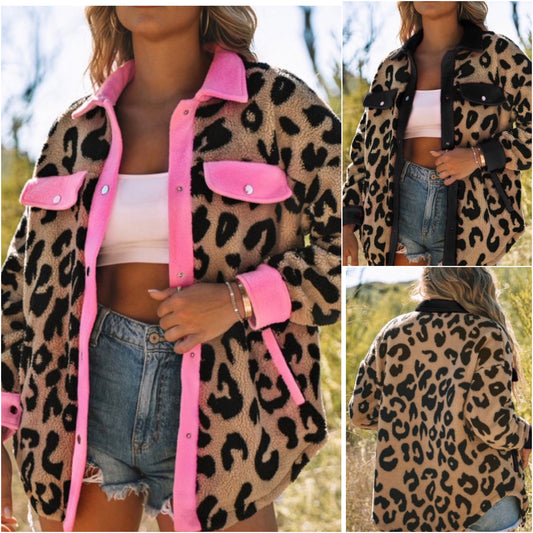Trendy Pink or Black Trim Leopard Teddy Jacket-Women’s Winter Coat
