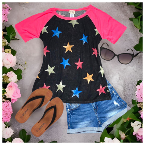 Ashlyn’s Vibrant Star Neon Pink and Black Raglan Top