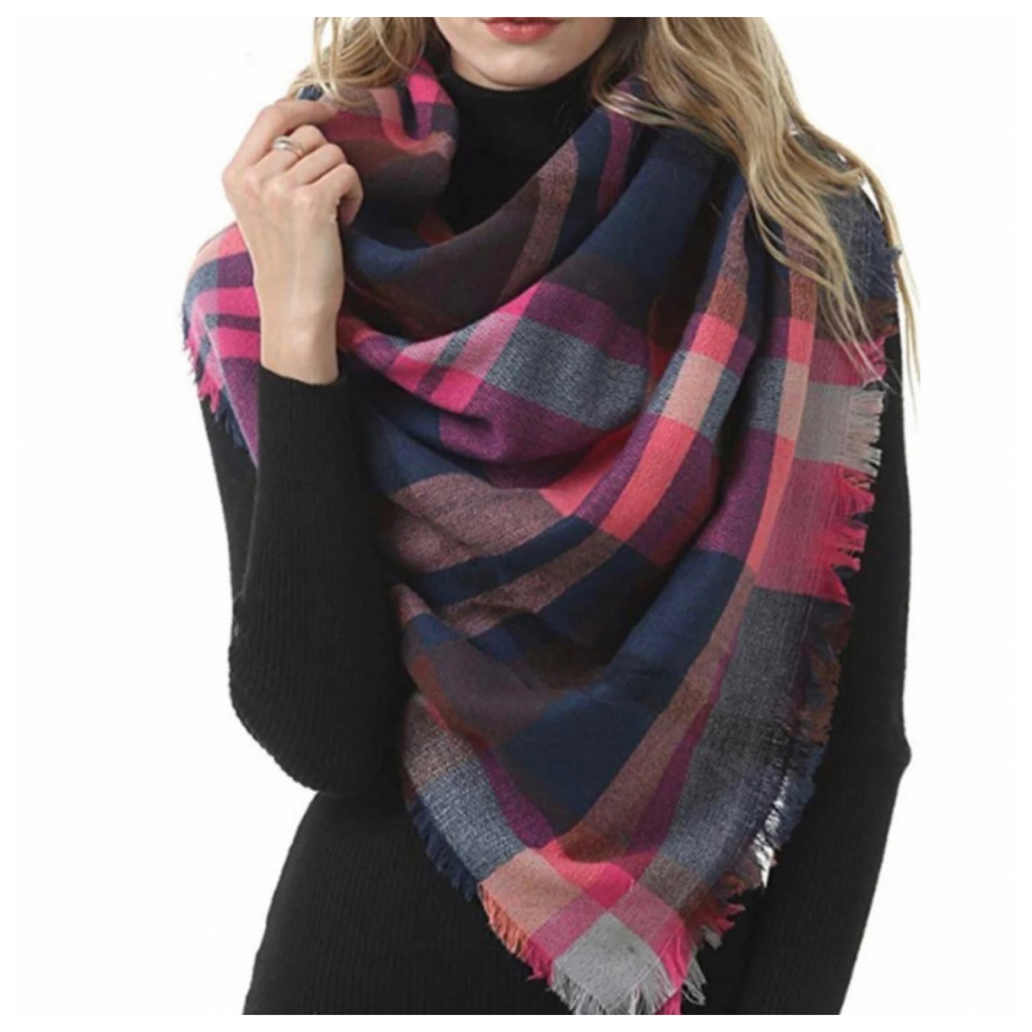 Always in Style Fuchsia Navy Multi Color Plaid Large Blanket Scarf-Shawl-Wrap