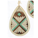 Geometric Aztec Painting Wood Tear Drop Shape Earrings