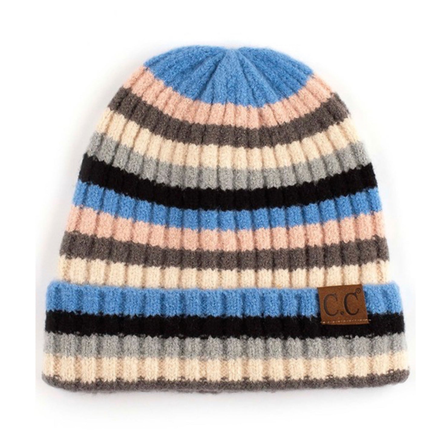 Cozy Multi Striped Ribbed Knit CC Beanie