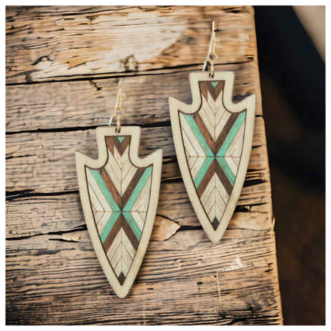 Geometric Aztec Painting Wood Arrow Shape Earrings