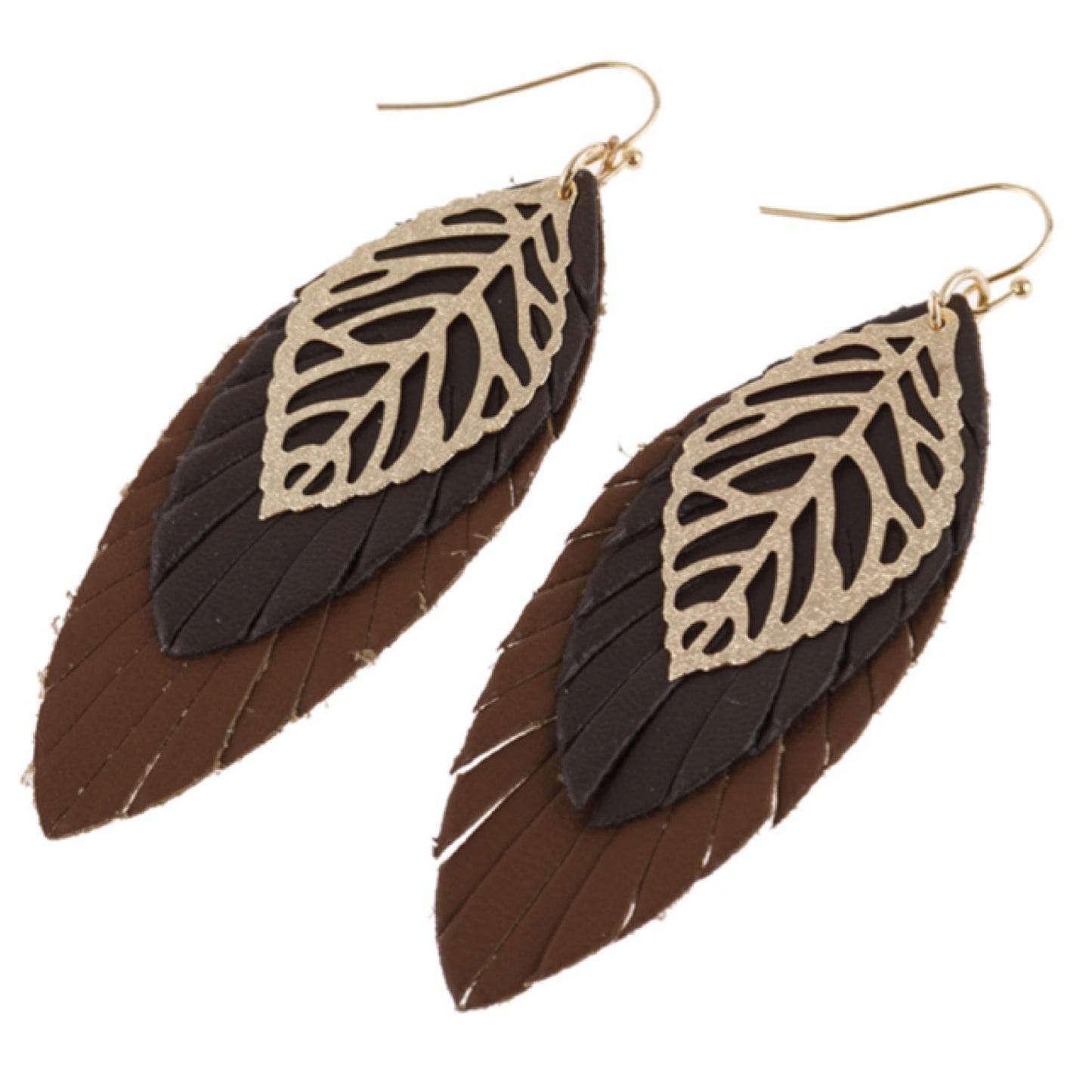 Stunning Layered Fringed Leather Leaf Earrings