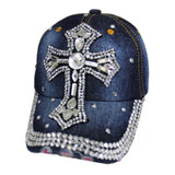 Distressed Large Bling Cross Blue Denim Hat