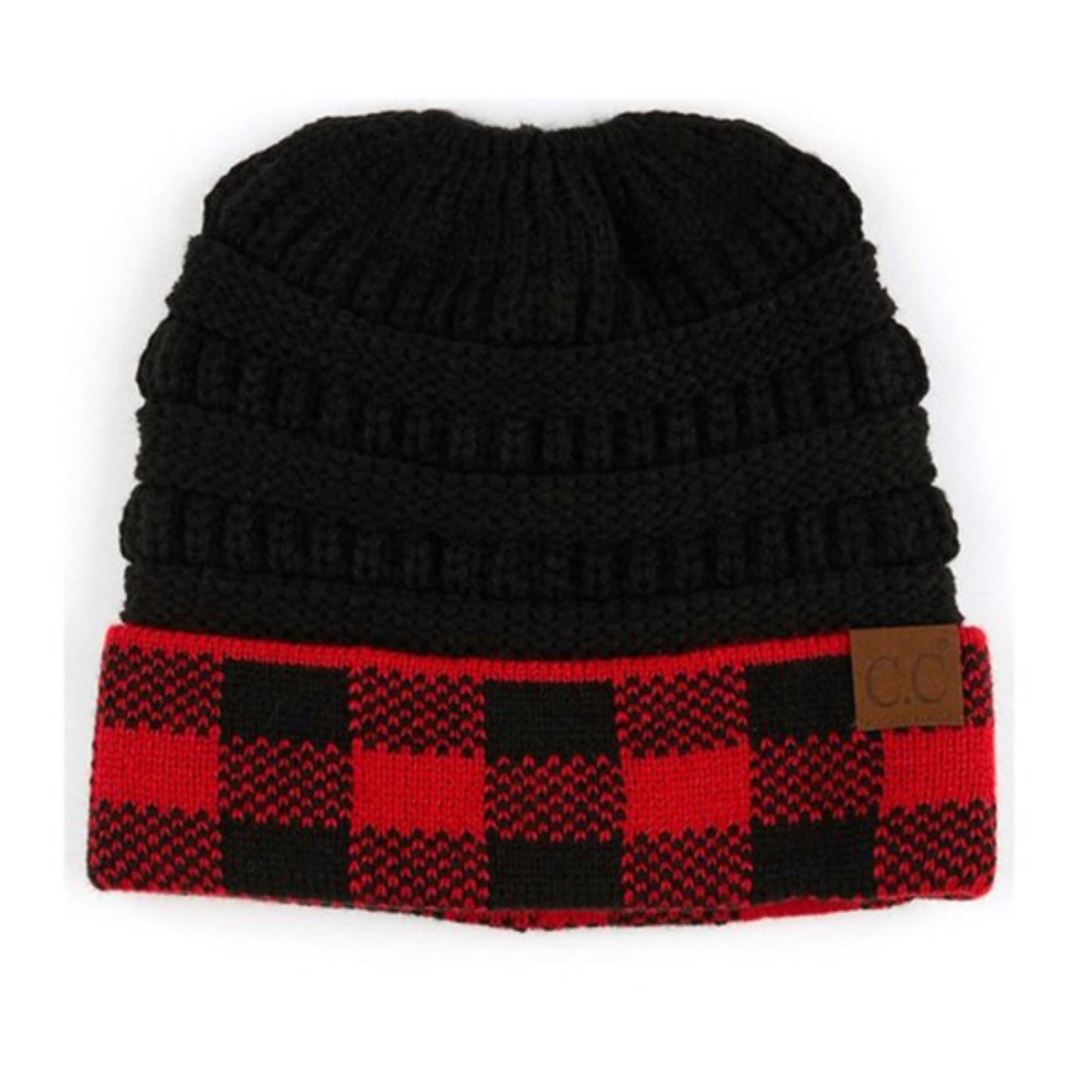 Cozy Buffalo Plaid CC Beanie Tail, Messy Bun
