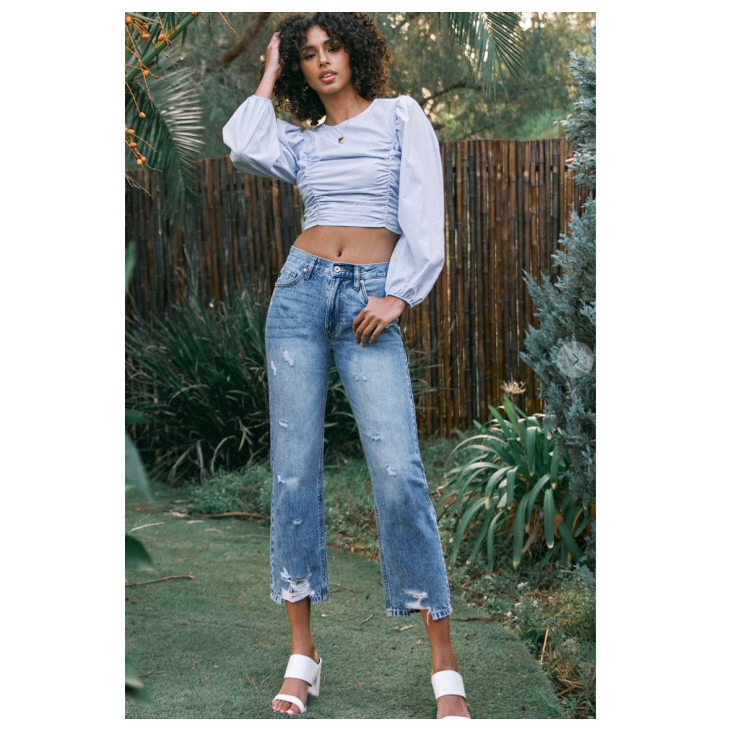Classic High Rise Destroyed Medium Blue Denim KANCAN Capris