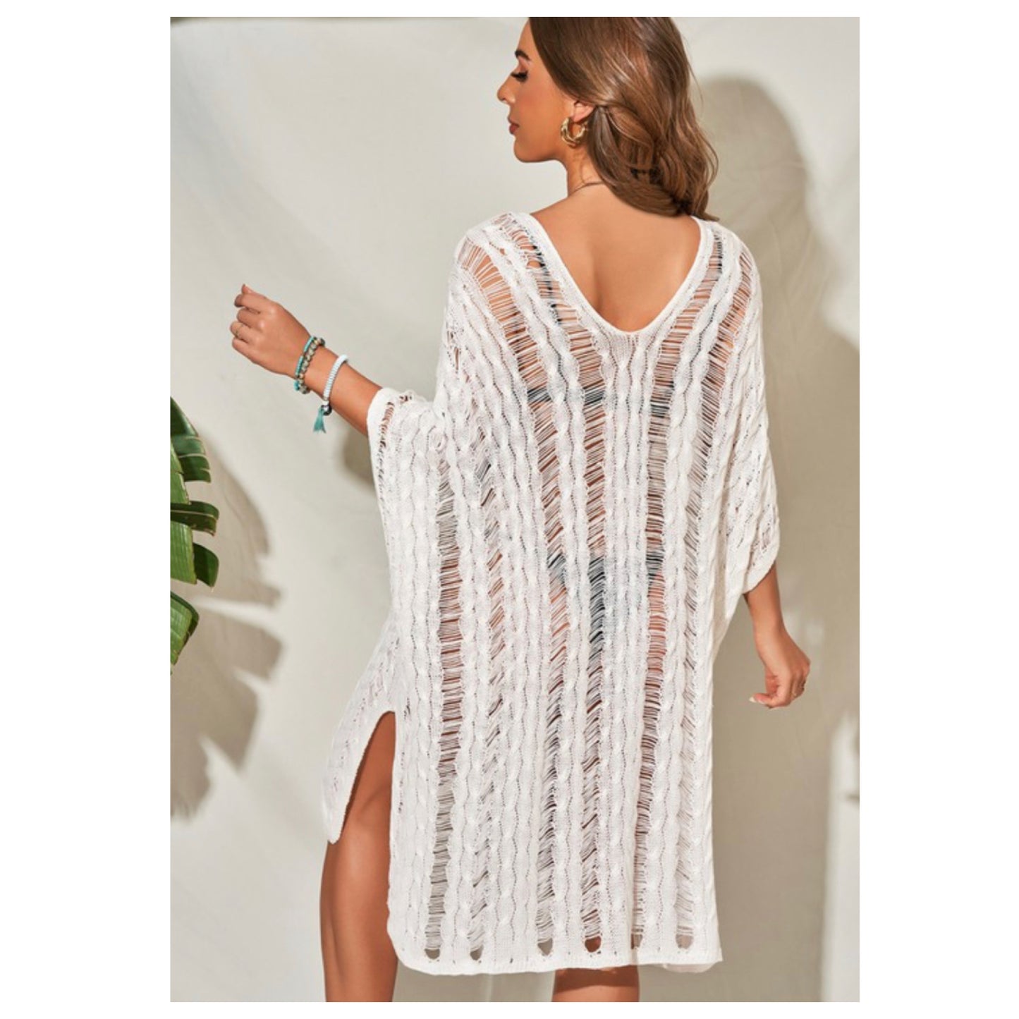 Sexy Me-V Neckline Knitted Ivory Batwing Swimsuit Coverup
