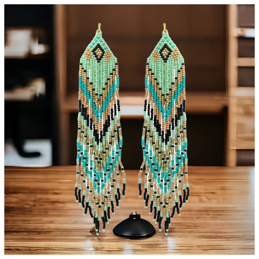 Ashlyn’s Mint Tan Mix Aztec Fringe Drop Seed Bead Earrings-Western-Navajo