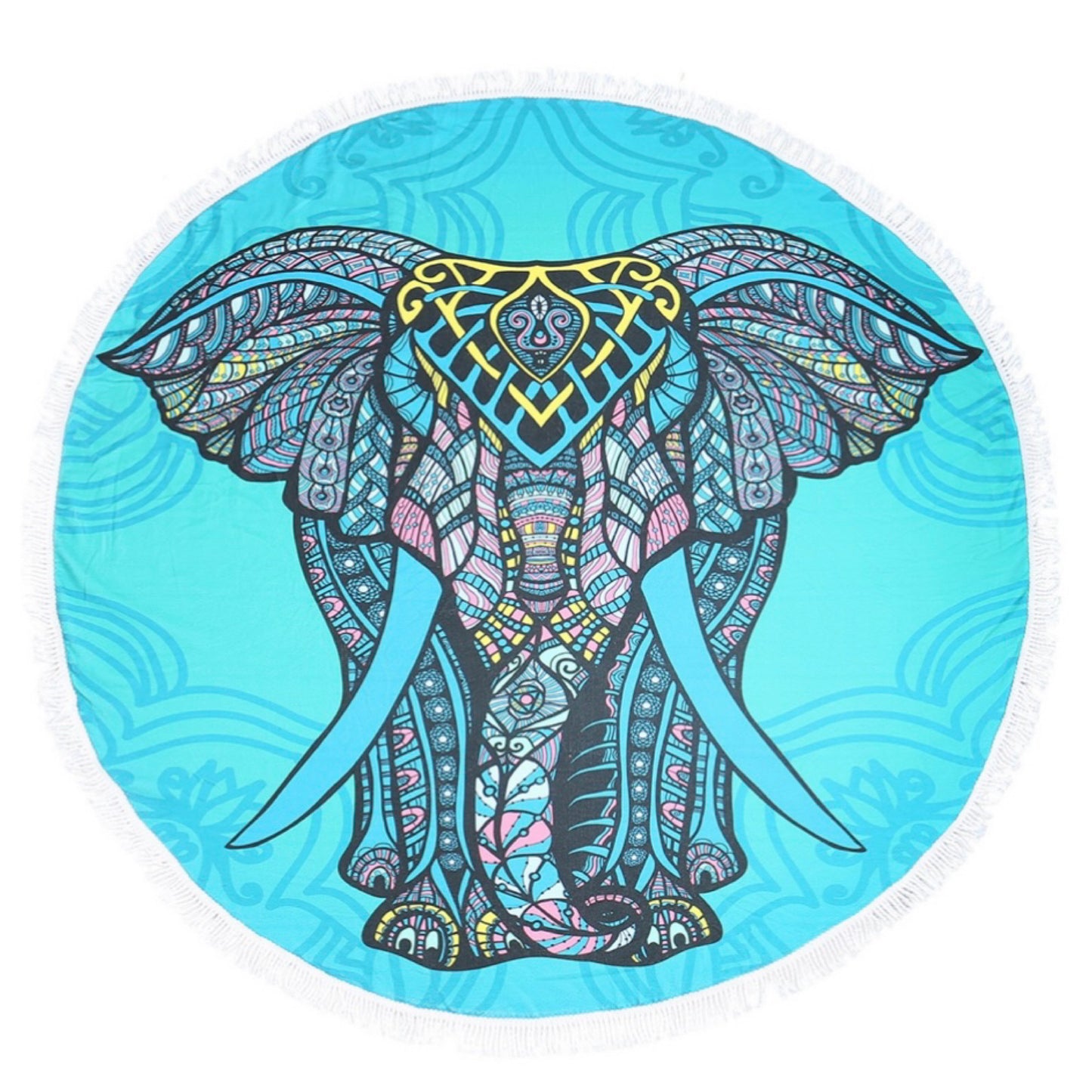 “Fun in the Sun" Fringe Trim Mandela Teal Elephant Round Beach Towel