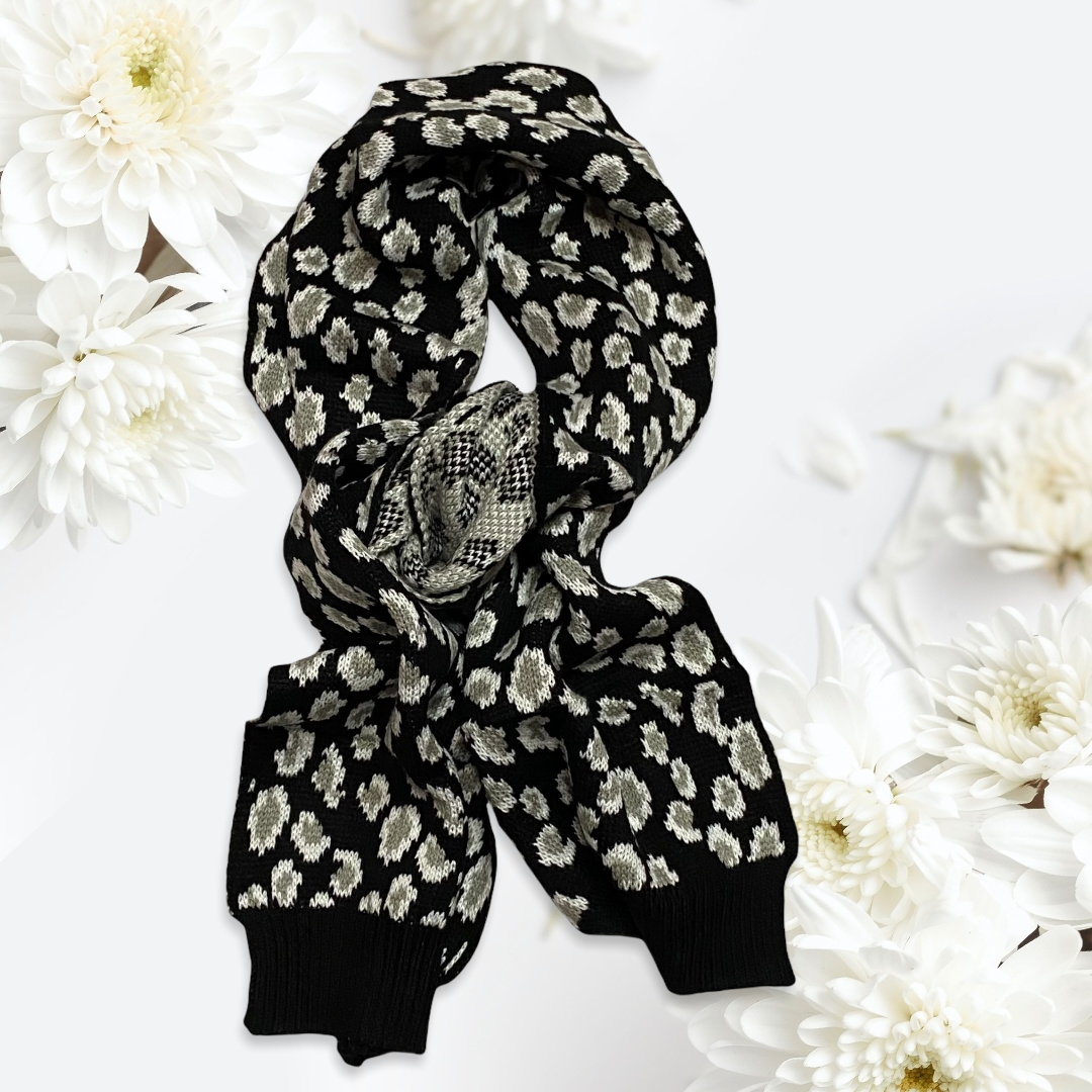 Cozy Cute Thick Knit Leopard Print with Sweater Cuff End Scarves