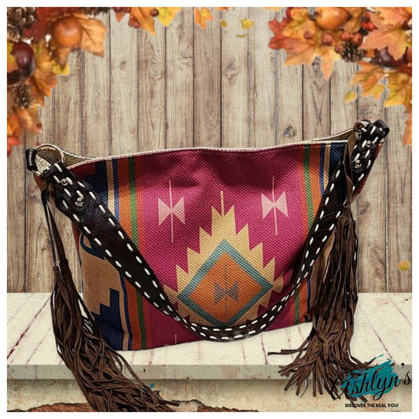 CYBER MONDAY Special-Trendy Chic~Jenna Aztec Fringe Detail Burgundy Tote Bag-Purse